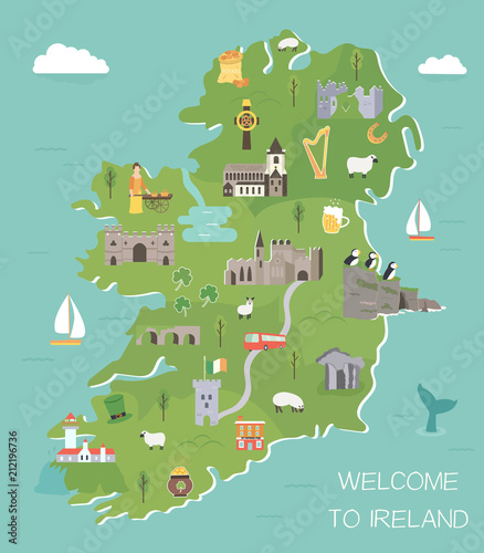 Fotografia Irish map with symbols of Ireland, destinations
