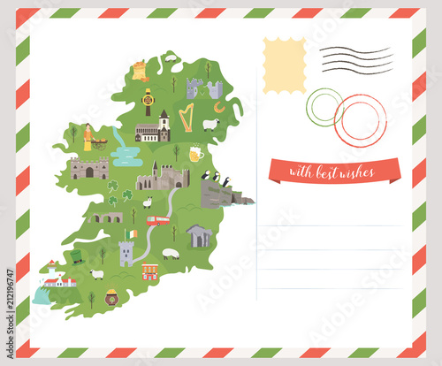 Postcard Irish map. Symbols of Ireland