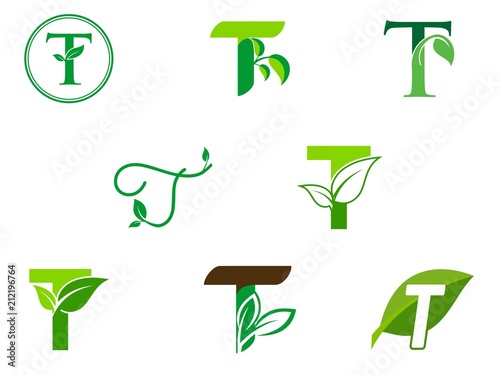 leaf initials T logo set, natural green leaf symbol, initials T icon design