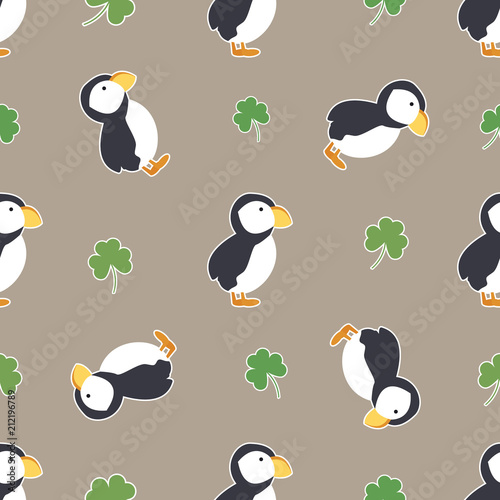 Irish shamrock, clovers, puffins pattern.