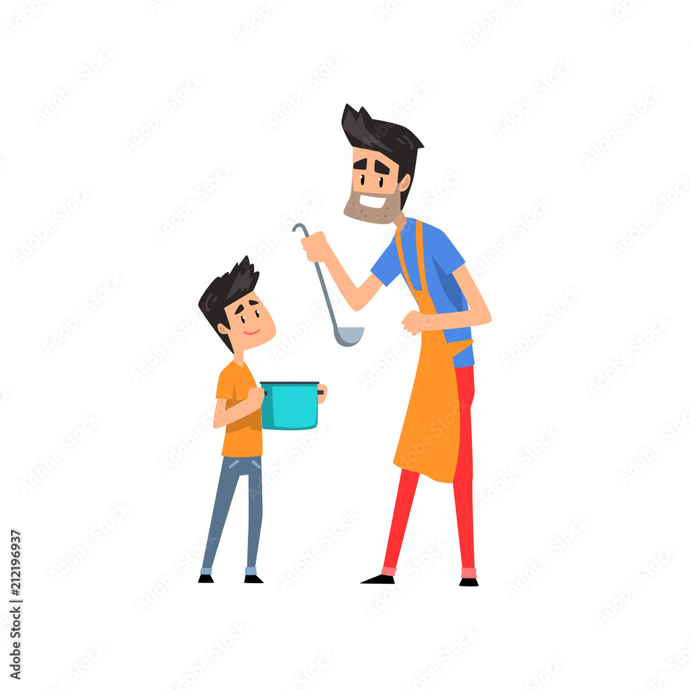 Super hero dad cooking food for his son vector Illustration on a white background