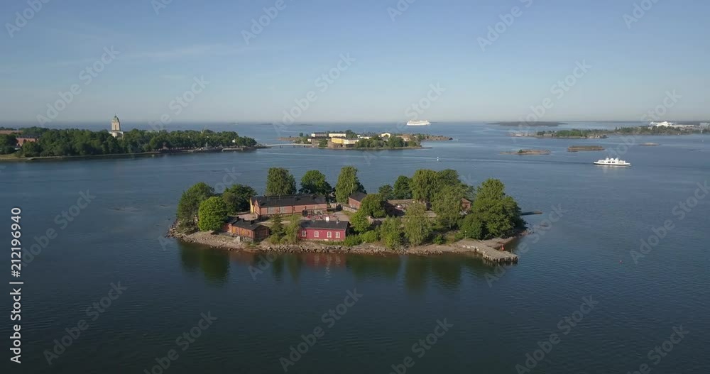 4K high quality summer morning aerial video of Helsinki Baltic Sea Finnish Bay lagoon area, sea skyline, Suomenlinna Island with forts and cannons near the capital of Finland Suomi, northern Europe 4K high quality summer morning aerial video of Helsinki Baltic Sea Finnish Bay lagoon area, sea skyline, Suomenlinna Island with forts and cannons near the capital of Finland Suomi, northern Europe