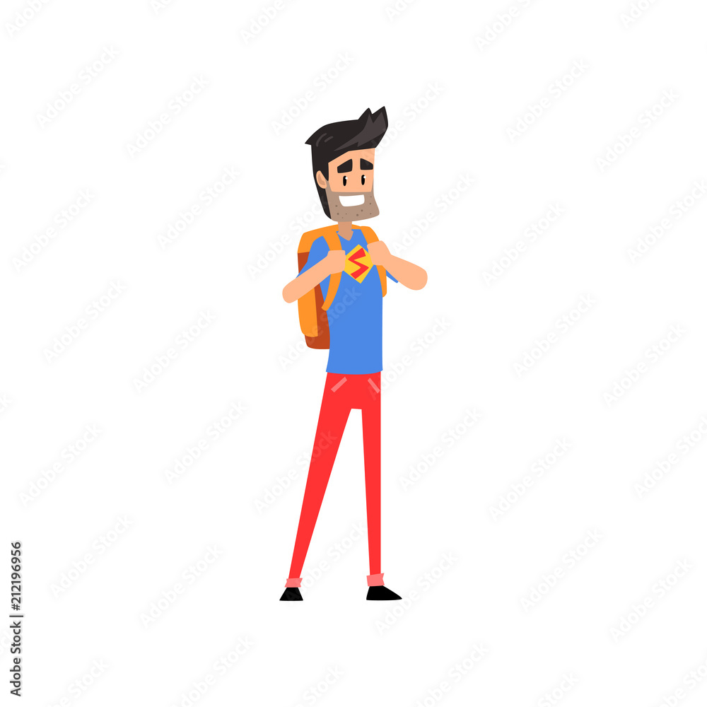 Smiling super hero dad character standing with backpack vector Illustration isolated on a white background Smiling super hero dad character standing with backpack vector Illustration isolated on a white background
