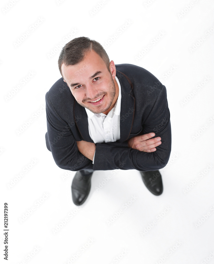 top view of young businessman looking at the camera top view of young businessman looking at the camera
