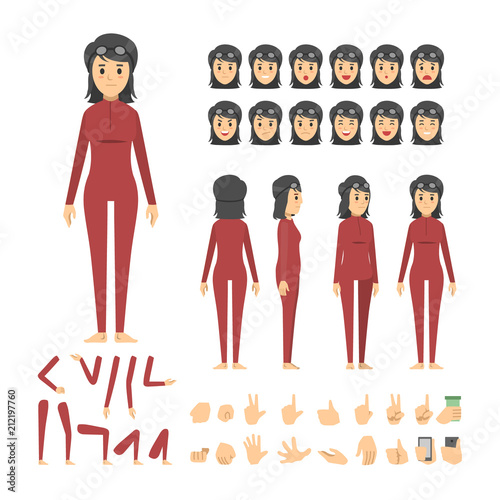 diver woman character set. Full length. Different view, emotion, gesture.
