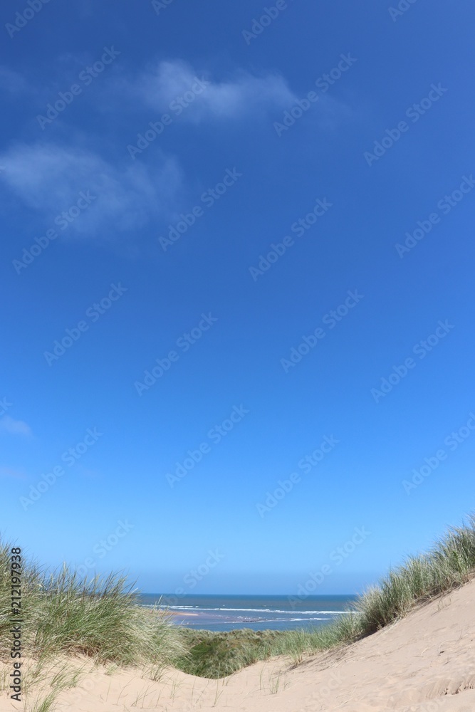 Dunes, sea and blue sky at seaside in summer with copy space