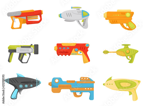 Toy gun set, weapon pistols and blasters for kids game vector Illustration on a white background