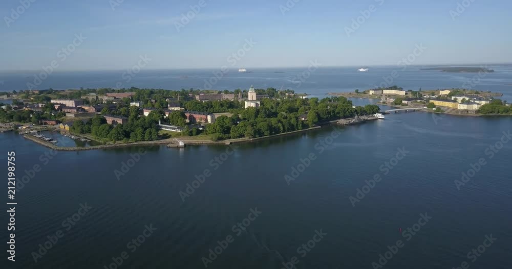 4K high quality summer morning aerial video of Helsinki Baltic Sea Finnish Bay lagoon area, sea skyline, Suomenlinna Island with forts and cannons near the capital of Finland Suomi, northern Europe 4K high quality summer morning aerial video of Helsinki Baltic Sea Finnish Bay lagoon area, sea skyline, Suomenlinna Island with forts and cannons near the capital of Finland Suomi, northern Europe