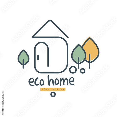 Eco home logo design, ecologic home sign with green trees, clean energy and technologies vector Illustration on a white background
