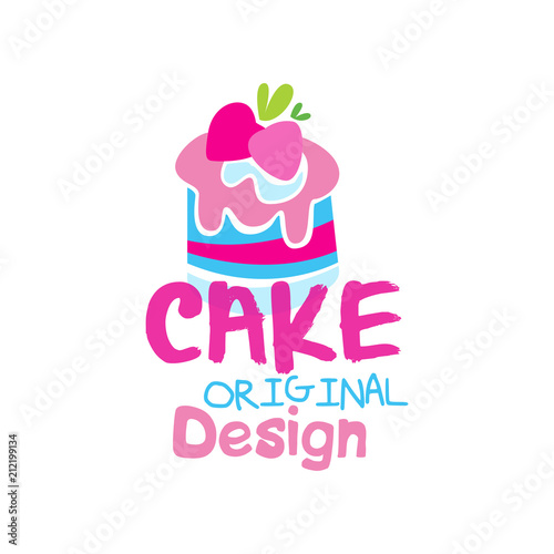 Cake original logo design  emblem in pink colors for confectionery  candy shop or sweet store vector Illustration on a white background