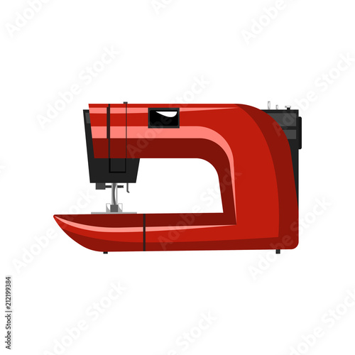 Red modern electronic sewing machine, dressmakers equipment vector Illustration on a white background