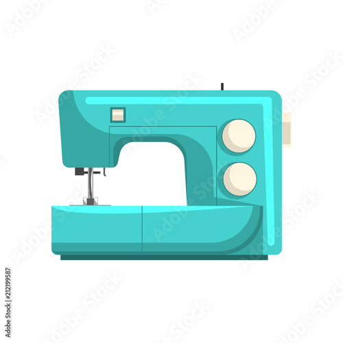 Blue modern electronic sewing machine, dressmakers equipment vector Illustration on a white background