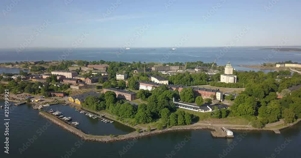 4K high quality summer morning aerial video of Helsinki Baltic Sea Finnish Bay lagoon area, sea skyline, Suomenlinna Island with forts and cannons near the capital of Finland Suomi, northern Europe 4K high quality summer morning aerial video of Helsinki Baltic Sea Finnish Bay lagoon area, sea skyline, Suomenlinna Island with forts and cannons near the capital of Finland Suomi, northern Europe