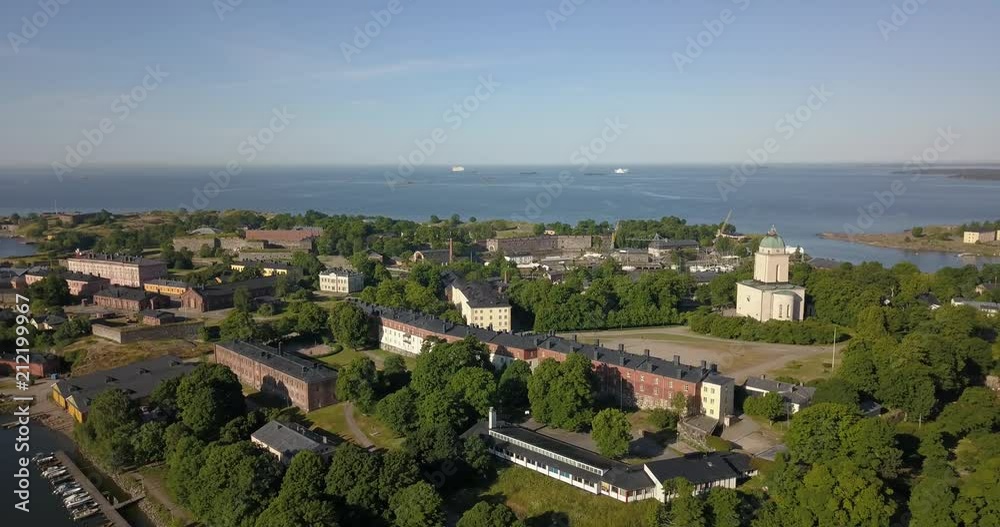 4K high quality summer morning aerial video of Helsinki Baltic Sea Finnish Bay lagoon area, sea skyline, Suomenlinna Island with forts and cannons near the capital of Finland Suomi, northern Europe