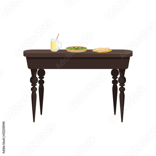 Brown wooden table with delicious food vector Illustration on a white background