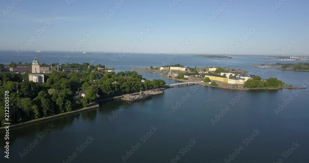 4K high quality summer morning aerial video of Helsinki Baltic Sea Finnish Bay lagoon area, sea skyline, Suomenlinna Island with forts and cannons near the capital of Finland Suomi, northern Europe 4K high quality summer morning aerial video of Helsinki Baltic Sea Finnish Bay lagoon area, sea skyline, Suomenlinna Island with forts and cannons near the capital of Finland Suomi, northern Europe