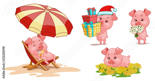 funny piglets for the new year, vector, isolated on white