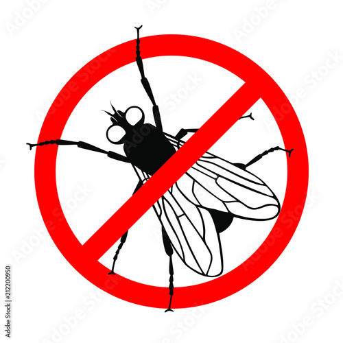 Warning sign stop the flies. Prohibition sign insect pest. Symbol for informational and institutional sanitation and related care. Vector illustration