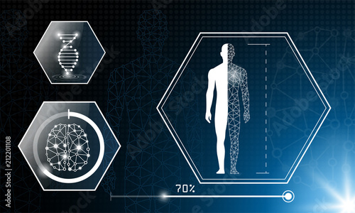 abstract background technology concept in blue light,brain and human body heal ,technology modern medical science in future and global international medical with tests analysis clone DNA human