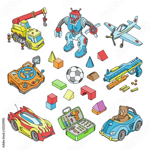 Kids toys vector cartoon boyish games in playroom and playing with car or children blocks illustration isometric set of teddy bear and plane or robot for boys isolated on white background
