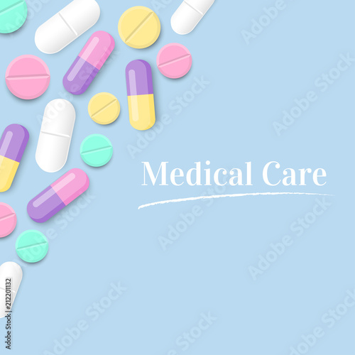 Medical care with colorful pills vector background