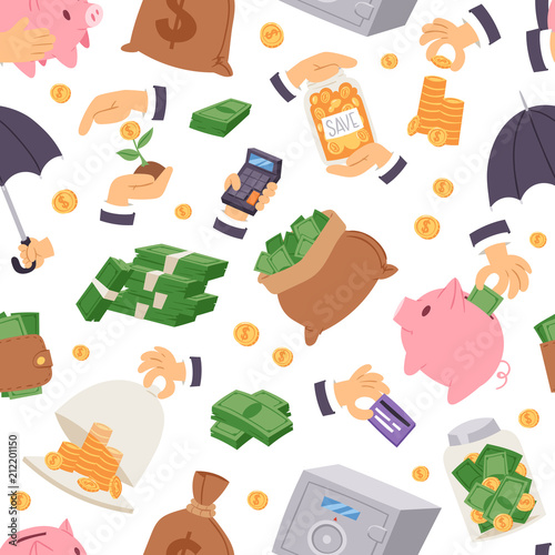 Money save vector symbols capital monetary investment concept finance icons banking safety formation invest loan strategy for profit savings bank seamless pattern background