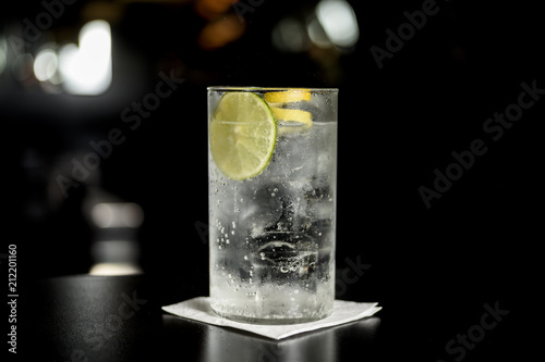 Close up of glass of a freshly prepared gin and tonic with lime slices and twist of lemon, isolated.
