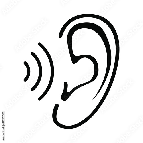 Ear icon with sound wave. Isolated sign on white background. Symbol for graphic and web design. Vector illustration 