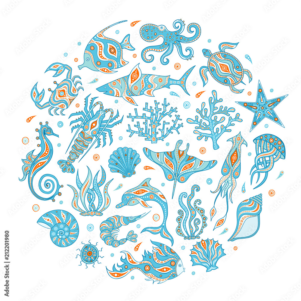 Fototapeta premium Wektor zwierząt morskich głębin. Ręcznie rysowany zestaw podwodnych mieszkańców. Zestaw ikon doodle na temat morza. Życie oceanu.