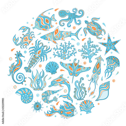 Animals marine depths vector. A hand-drawn set of underwater inhabitants. Set of doodle icons on the sea theme. Life of the ocean.