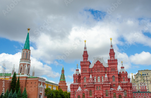 The building of the historical museum and the Kremlin tower in Moscow