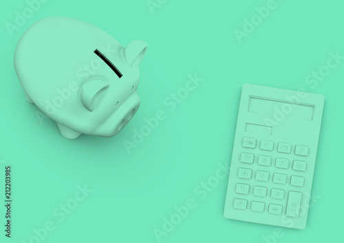 Piggy bank and calculator minimalist concept for accounting and finance
