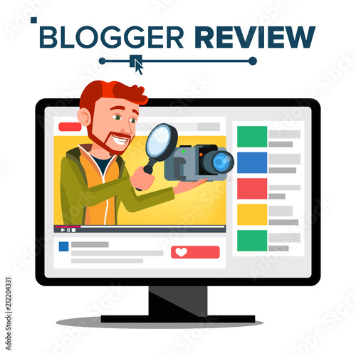 Testing Video Blogger Vector. Blog Channel. Man Popular Video Streamer Blogger. Review Concept. Online Live Broadcast. In Web Interface. Testing Functional With New Camera. Illustration