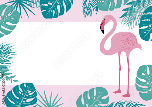 Summer banner of flamingo and tropical leaves vector illustration