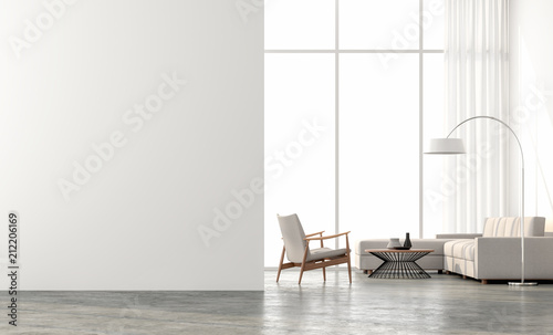 Minimal style  living room 3d render.There are concrete floor,white wall.Finished with beige color furniture,The room has large windows. Looking out to see the scenery outside.