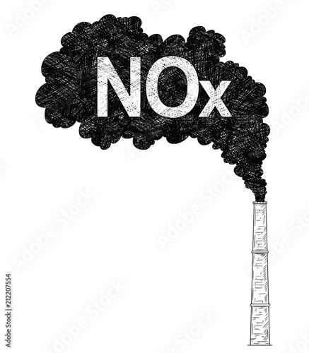 Vector artistic pen and ink drawing illustration of smoke coming from industry or factory smokestack or chimney into air. Environmental concept of nitrogen oxides or NOx pollution. photo