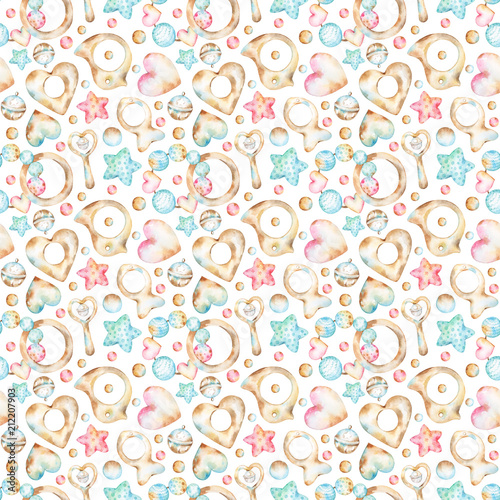 Seamless watercolor pattern with baby themed illustrations of traditional retro style teething ring, wooden bird, fish, heart, beads, bells, red and blue polka dot stars