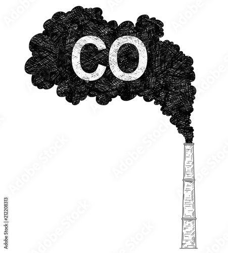 Vector artistic pen and ink drawing illustration of smoke coming from industry or factory smokestack or chimney into air. Environmental concept of carbon monoxide or CO pollution.
