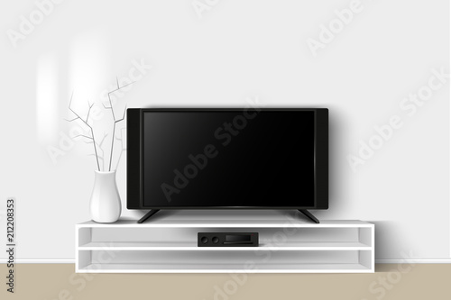 Vector 3d illustration of LED TV stand on a wooden table. House living room modern interior design. Copy space template.