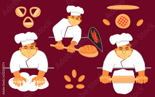 Happy bakers making bread.Loaf, bread, pizza, patty. Hand drawn in cartoon style.
