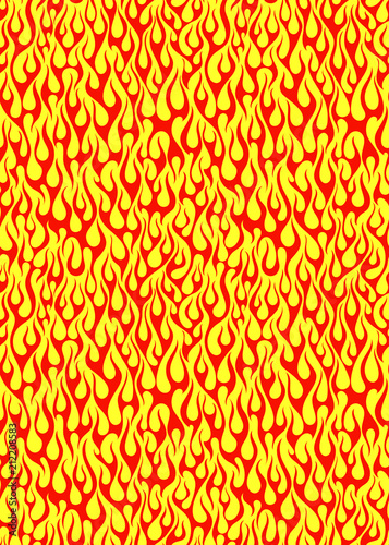 Red fire flames on a yellow background, seamless vector pattern