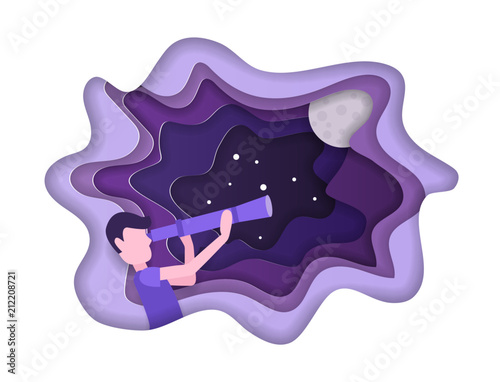 Kid is looking the stars with telescope. Universe discovery vector concept in paper art style. Origami paper cut design.
