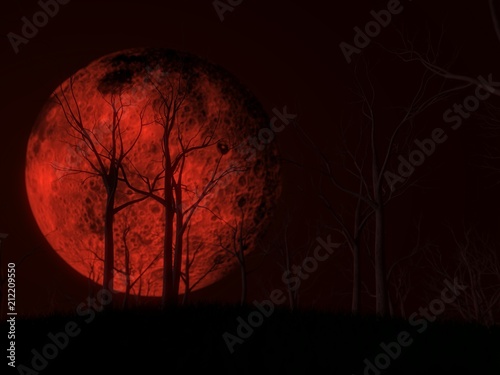 blood moon scene with dark woods. 3d illustration