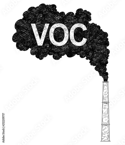 Vector artistic pen and ink drawing illustration of smoke coming from industry or factory smokestack or chimney into air. Environmental concept of VOC or volatile organic compound pollution.