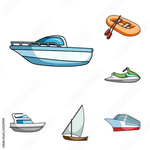 Water and sea transport cartoon icons in set collection for design. A variety of boats and ships vector symbol stock web illustration.