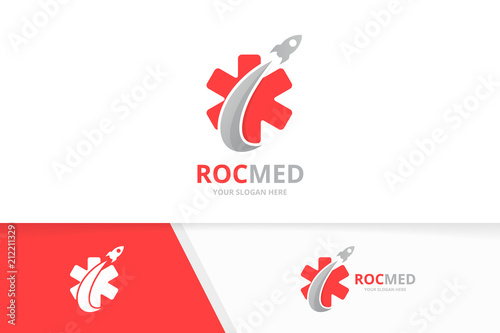 Vector ambulance and rocket logo combination. Medic and airplane symbol or icon. Unique emergency and flight logotype design template.