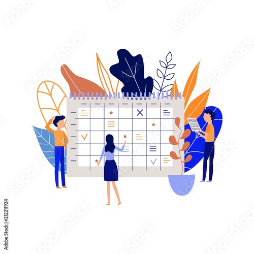 Planning and organizing work process with people marking dates and recording tasks and goals in large desktop calendar isolated on white background. Flat vector illustration of time management.