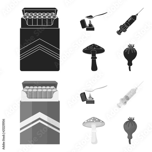 Cigarettes, a syringe, a galoyucinogenic fungus, heroin in a spoon.Drug set collection icons in black,monochrome style vector symbol stock illustration web.