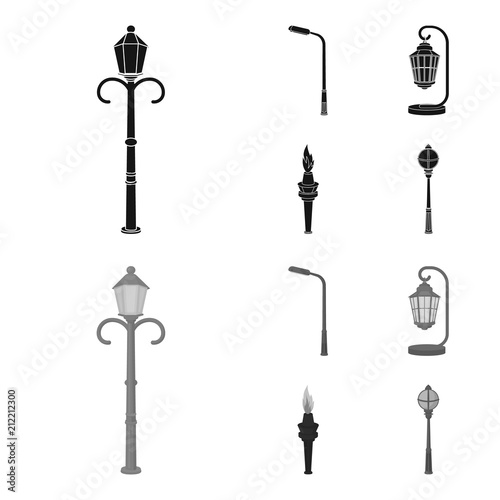 Lamppost in retro style,modern lantern, torch and other types of streetlights. Lamppost set collection icons in black,monochrome style vector symbol stock illustration web.