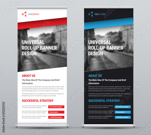 Design of a vector roll-up banner with diagonal colored elements and a place for photos